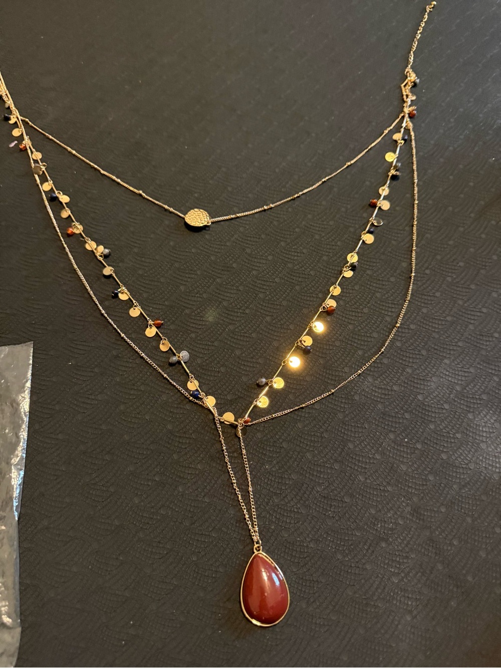 Layered Gold-Tone Necklace with Red Teardrop Pendant 2
